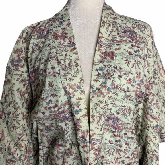 Vintage Floral Kimono Short Robe Jacket M Light Green Floral Lined Tie Waist - Picture 2 of 7
